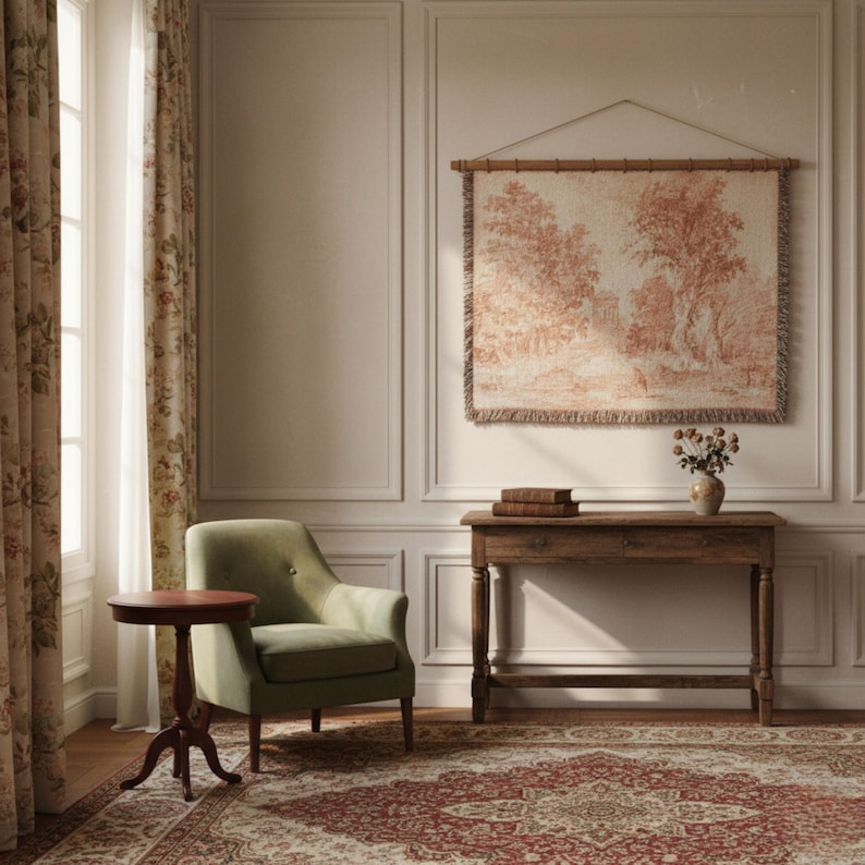 May include: A room with a classic design featuring a tapestry with a landscape scene, a wooden console table, a green armchair, and a round side table. The room has floral curtains and a patterned rug.