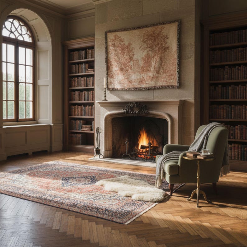 May include: A cozy library interior with a fireplace, bookshelves, and a patterned rug. A green armchair with a blanket sits near a small table. A tapestry hangs above the fireplace, and a window lets in natural light.