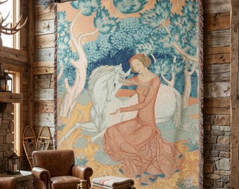 Vintage Unicorn Tapestry Wall Hanging, Medieval Fantasy Art, Enchanted Forest Lady Decor, Storybook Cottagecore