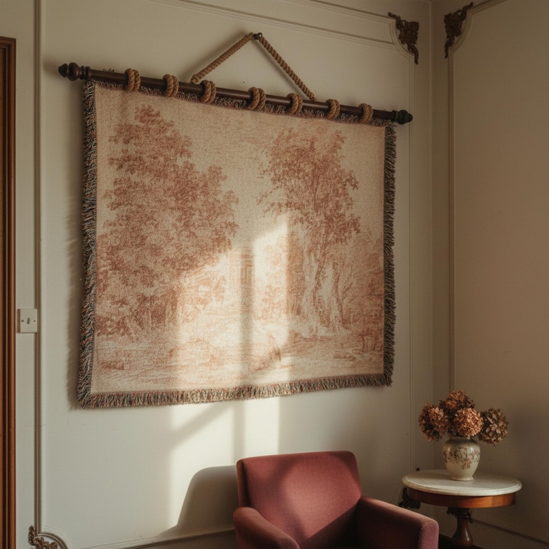 May include: A tapestry wall hanging with a pastoral scene in shades of red and cream. The tapestry is mounted on a dark wooden rod and suspended by a rope. The edges are fringed. The scene depicts trees and a building.