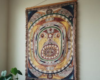 Arazzo da parete astratto simbolico, stile Mid-Century Modern Tribal Art, decorazione da parete in tessuto Boho, in cotone intrecciato con frange