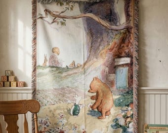 Winnie the Pooh Vintage Nursery Tapestry Wall Hanging, Hundred Acre Wood Storybook Decor