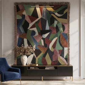 Tapiz moderno abstracto para colgar en la pared, arte textil moderno de mediados de siglo, gran decoración de pared tejida con flecos, acento decorativo para el hogar.