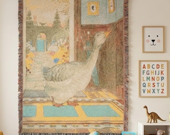Vintage Goose Tapestry Wall Hanging, Whimsical Cottage Interior Art, Storybook Farmhouse Decor