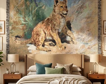 Vintage Lion Tapestry Wall Hanging, Safari Animal Wall Art, Antique Wildlife Illustration, Neutral Nature Decor, Old World Jungle Art
