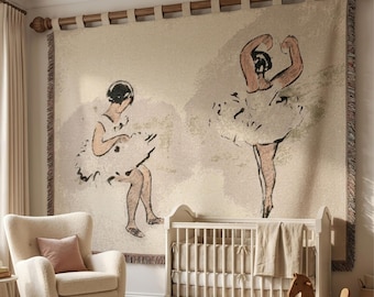 Vintage Ballet Dancers Woven Tapestry Wall Hanging, French Sketch Style Ballerina Art, Soft Neutral Dance Decor