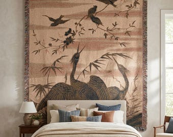 Japanese Crane Tapestry Wall Hanging, Vintage Bird Nature Scene, Japandi Zen Wall Art