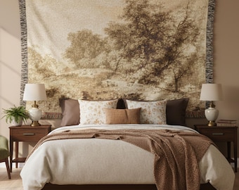 Tapeçaria vintage neutra com paisagem, tapeçaria de parede antiga com tema campestre, decoração têxtil rústica com arte da natureza.