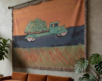 Vintage Farm Truck Woven Tapestry Wall Hanging, Rustic Harvest Landscape Art, Retro Country Decor