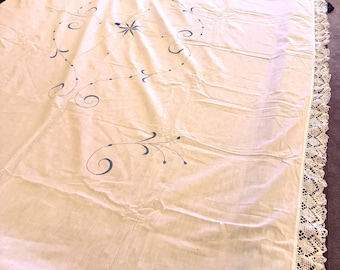 May include: A white tablecloth with blue floral embroidery and a crocheted lace border. The design features stylized flowers and swirling lines. The tablecloth is draped over a dark surface.