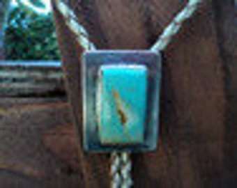 Vintage Old Pawn Style Turquoise Sterling Silver Leather Bolo Tie Beautiful Historic Jewlrey