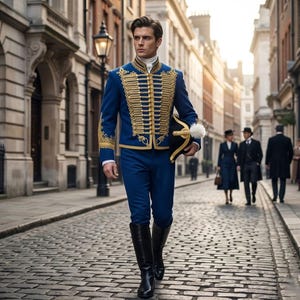 May include: A blue military-style jacket with gold trim and matching pants. The jacket features multiple rows of gold braid and buttons. The person is wearing black boots and holding a black hat with a white plume. The outfit is reminiscent of historical military uniforms.