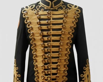 Jaqueta Militar Inspirada em Michael Jackson – Casaco de Lã Preto com Dourado, Estilo King of Pop, Uniforme de Banda, Palco & Performance