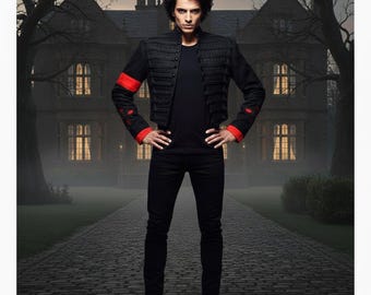 Black Military Band Jacket – Michael Jackson Inspired Wool Cropped Jacket, Red Armband, Vintage Rockstar Style Costume Coat