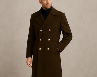 Casaco Masculino Estilo Militar em Lã | Sobretudo Longo Dobrado | Casaco Formal Clássico em Lã para Homens