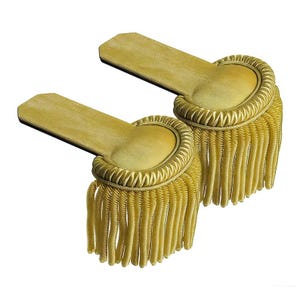 Puede incluir: Par de charreteras doradas con parte superior rectangular y base redondeada. Los bordes están adornados con un diseño de cuerda trenzada, y la base presenta largas y colgantes flecos. Estas charreteras son probablemente para un uniforme militar o formal.