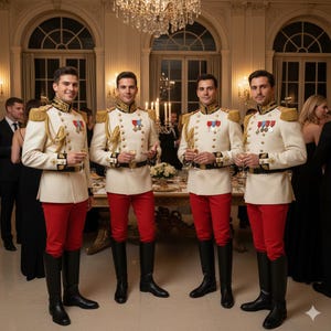 May include: Four people in cream military jackets with gold epaulettes, red trousers, and black boots. They hold champagne glasses in a room with a chandelier and other guests. The jackets have medals.