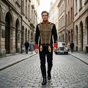 Puede incluir: Una chaqueta negra de estilo militar con adornos dorados y ribetes rojos. La chaqueta presenta múltiples filas de botones dorados y diseños dorados intrincados. Los pantalones negros a juego tienen rayas rojas. Botas negras.