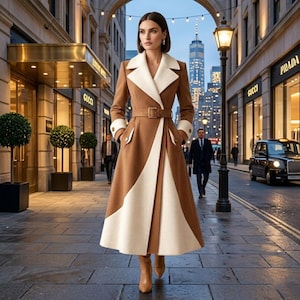 May include: A woman wearing a stylish brown and white coat with a belt, walking on a city street. The coat has a white collar and cuffs, and a unique color-block design. The background includes storefronts and a city skyline.