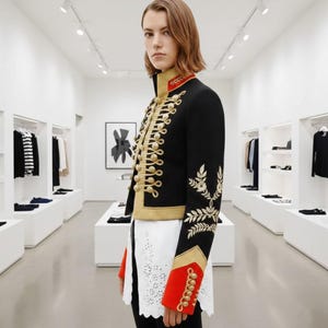 May include: Black military-style jacket with gold trim, buttons, and embroidered floral details. The jacket features red accents on the collar and cuffs. The jacket is worn over a white top.