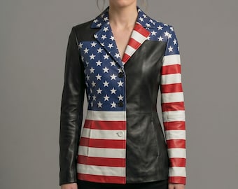 American Flag Blazer — Patriotic Leather Jacket — Tailored Asymmetrical Luxury USA Theme Statement Coat