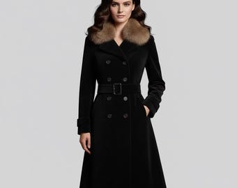 May include: A black double-breasted coat with a fur collar and a matching belt. The coat has a classic design with a tailored fit, featuring a knee-length hem and long sleeves. The fur collar adds a touch of luxury to this elegant outerwear.