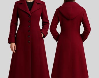 Women Burgundy Wool Coat | Long Winter Overcoat with Hood | Elegant Tailored Button-Up Coat | Warm Formal Outerwear