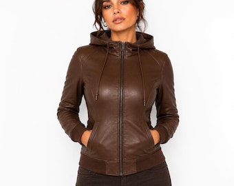 Brown Leather Hoodie Jacket | Handmade Custom Pullover for Women, Winter Fashion