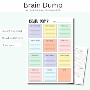 May include: A printable "Brain Dump" planner page with colourful boxes for notes. The page includes sections labelled "I Need to Do Today," "I Need to Schedule," and more. The text "Brain Dump" is at the top, with size options listed.