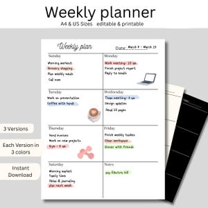 Planificador semanal imprimible, calendario semanal, organizador semanal, lista de tareas imprimible, agenda semanal, planificador diario (descarga digital)