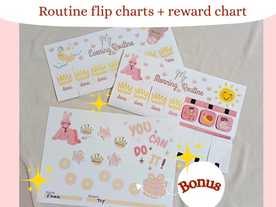 Kids' Daily Routine Flip Chart Morning & Evening pink Reward Chart visual checklist ( Printable PDF)