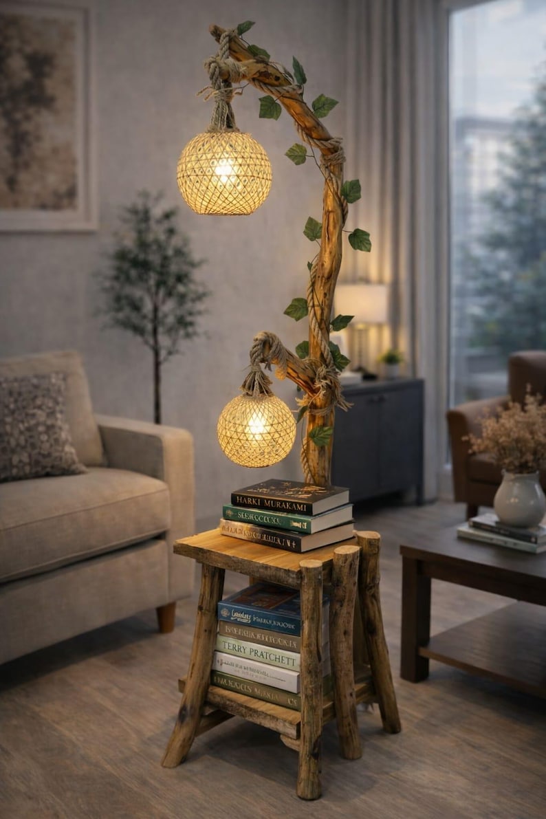 Lámpara de pie de rama de árbol natural, lámpara de pie de madera hecha a mano, lámpara de lectura rústica para sala de estar, luz de noche de decoración bohemia para el hogar.