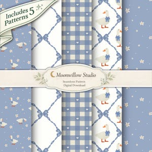 Paquete de cinco patrones sin costuras Goose, paquete de papel digital Blue Cottage Coquette (descarga digital)