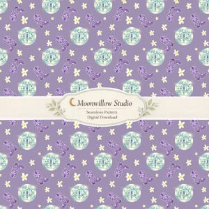 May include: Seamless pattern on a lavender background featuring disco balls, cowboy boots, and white flowers. The design includes the text "Moonwillow Studio" and "Seamless Pattern Digital Download".
