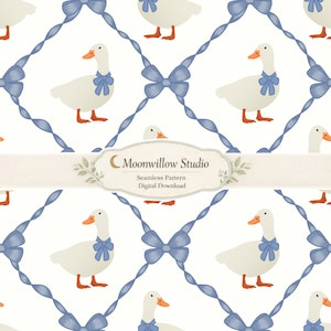 Blaue Gans Schleife Musterdesign, Adrettes digitales Papier, kokettes Vintage Bandgitter (digitaler Download)