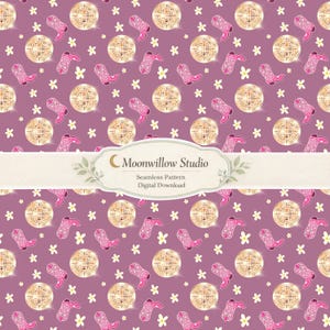 May include: A seamless pattern with a repeating design of disco balls, pink cowboy boots, and white flowers on a purple background. The text "Moonwillow Studio" is displayed on a banner.