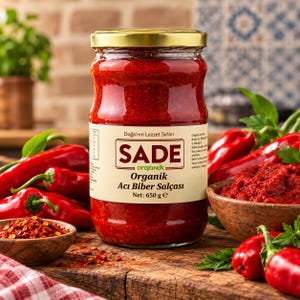 Op de afbeelding: Een glazen pot met rode hete peper-pasta met een gouden deksel en een etiket met de tekst SADE Organik Acı Biber Salçası Net: 650 g e. De pot is gevuld met een dikke, felrode pasta, omringd door verse rode chilipepers en een houten kommetje.
