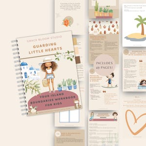 May include: A spiral-bound workbook titled "Guarding Little Hearts" with the text "Your Island Boundaries Workbook for Kids." The cover features an illustration of a girl in a hat and shorts. Additional pages include text and illustrations. The workbook includes 49 pages.