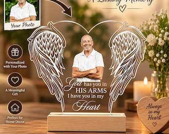 Gepersonaliseerde gedenkplaat met engelenvleugels van acryl, gepersonaliseerd rouwgeschenk met foto, aandenken ter nagedachtenis, troostgeschenk