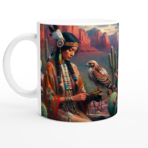 Ceramic Mug White 11oz Ancient Primitive Culture Desert Hawk Southwestern Shamaness Goddess AI Oil Painting Medicine Woman by jWise