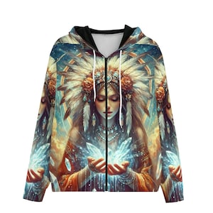 Zip Hoodie with Pockets Shamaness Medicine Woman Mystical Crystal Celestial Spiritual Shaman Top Long Sleeve All-Over Print Unisex by jWise