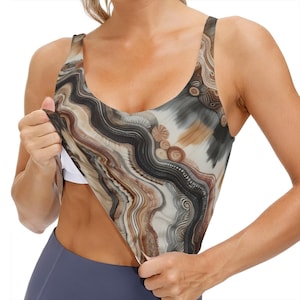 Earthtones Tie Dye Style Yoga Sports Bra Fitness Lounge Wear Soft Stretchy Comfortable Tank Top Clothes Digital Design Brown White by jWise