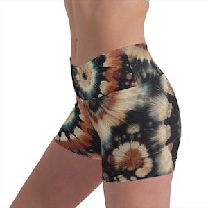 Earthtones Tie Dye Yoga Shorts Fitness Lounge Wear Soft Stretchy Comfortable Yoga Pants Clothes Digital Spiral Design Brown Blue Black