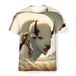 White Buffalo T-Shirt Southwestern Art All-Over-Print T-shirt BJJ Rashguard Indigenous Culture Sacred Ancient Myth Legend Athletic Shirt