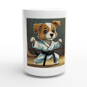 Cute Karate Kung Fu Taekwondo Dog White 15oz Ceramic Mug
