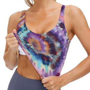 Tie Dye Yoga Sports Bra Fitness Lounge Wear Soft Stretchy Comfortable Tank Top Clothes Digital Spiral Design Blue Gold Purple Colorful