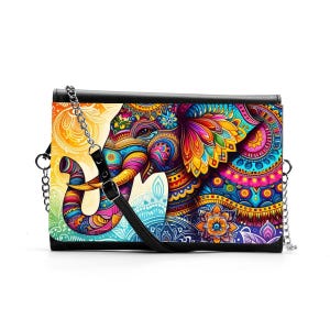 jWise, Sac à main pour femme, sac à main, cartable, trousse de maquillage, portefeuille multifonctionnel, bandoulière, style batik éléphant, arc-en-ciel coloré Ganesh