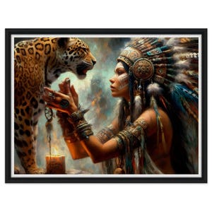 Framed Canvas Jaguar Medicine Woman Shamaness Spiritual Mystical Witch Horizontal Square Cat Spirit Animal Mystic Ceremony Shamanic AI Art