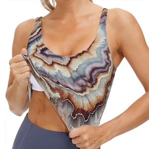 Earthtones Tie Dye Style Yoga Sports Bra Fitness Lounge Wear Soft Stretchy Comfortable Tank Top Clothes Digital Design Brown White Purple