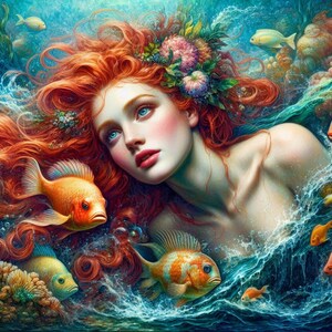 High 4k Resolution Tshirts Prints Commercial Use Digital download Printable Art Beautiful Ginger Woman Water Nymph Mermaid Undines Nereids